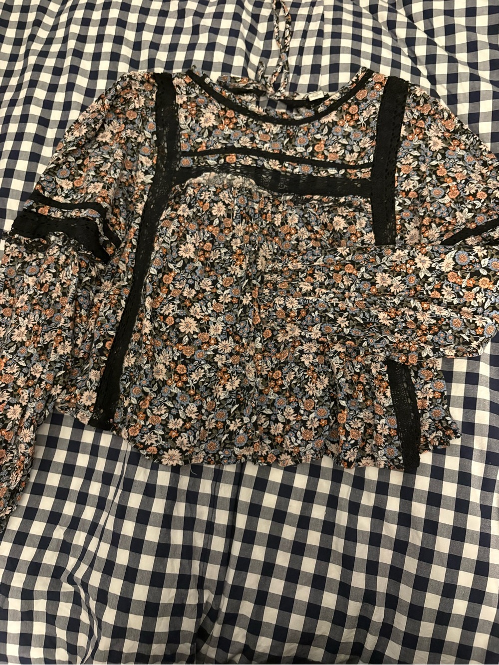 AE Floral Lace-Trim Smocked Waist Peasant Top - Black/Multicolor